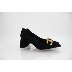 Jeffrey Campbell Lasting 2 Black Suede Pumps Gold Buckle Block Heel Sz 5.5
